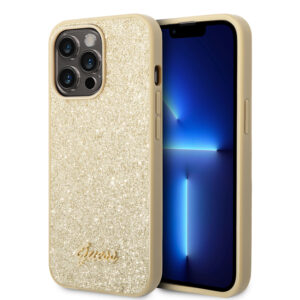 Guess Glitter Flakes Case with Ikonik Patch and Vintage Script Logo Θήκη προστασίας από σιλικόνη – iPhone 14 Pro Max (Glitter Gold)