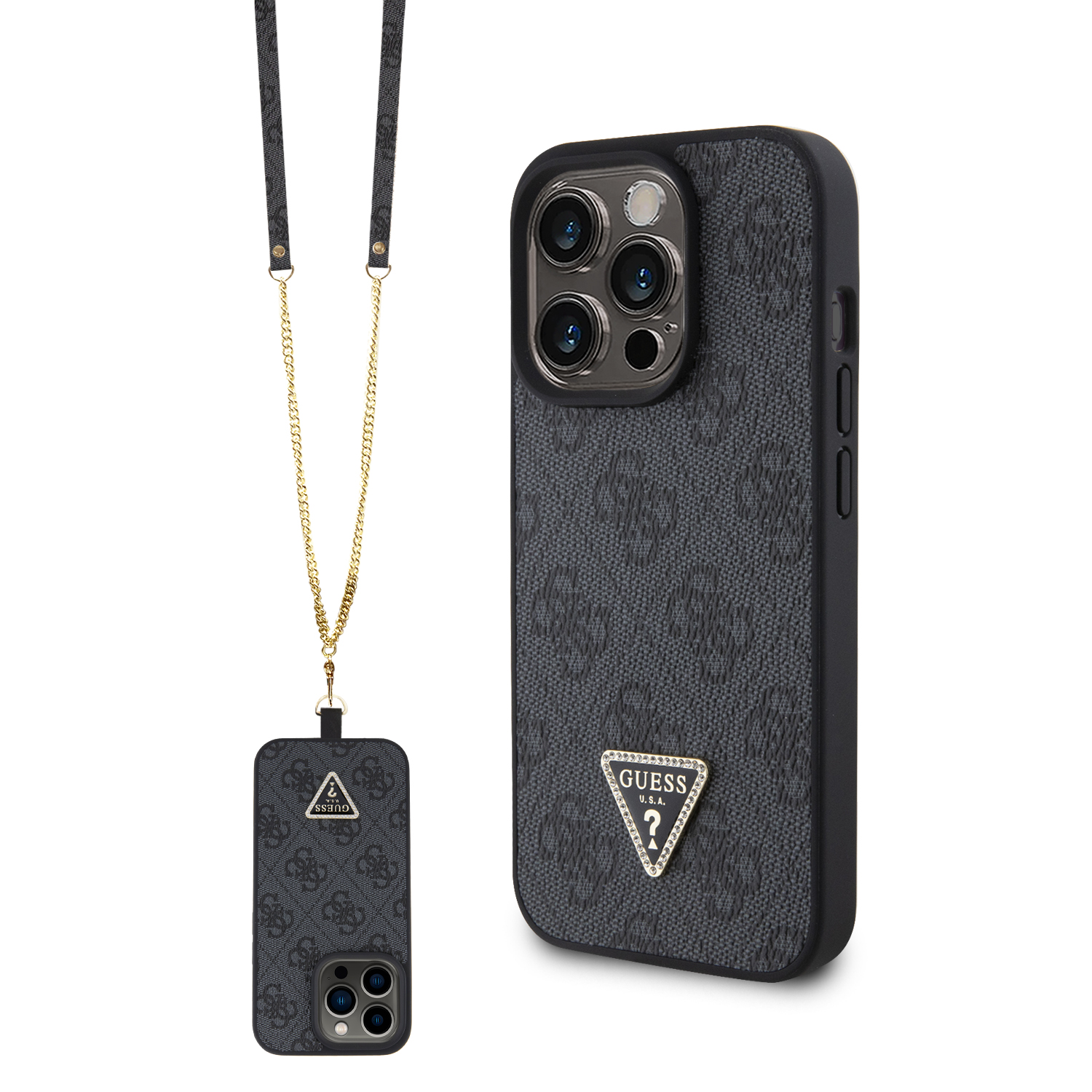 Guess "4G Metal Logo Strass Collection" Crossbody Case Θήκη προστασίας από δερματίνη με λουράκι – iPhone 15 Pro (Μαύρο – GUHCP15LP4TDSCPK)
