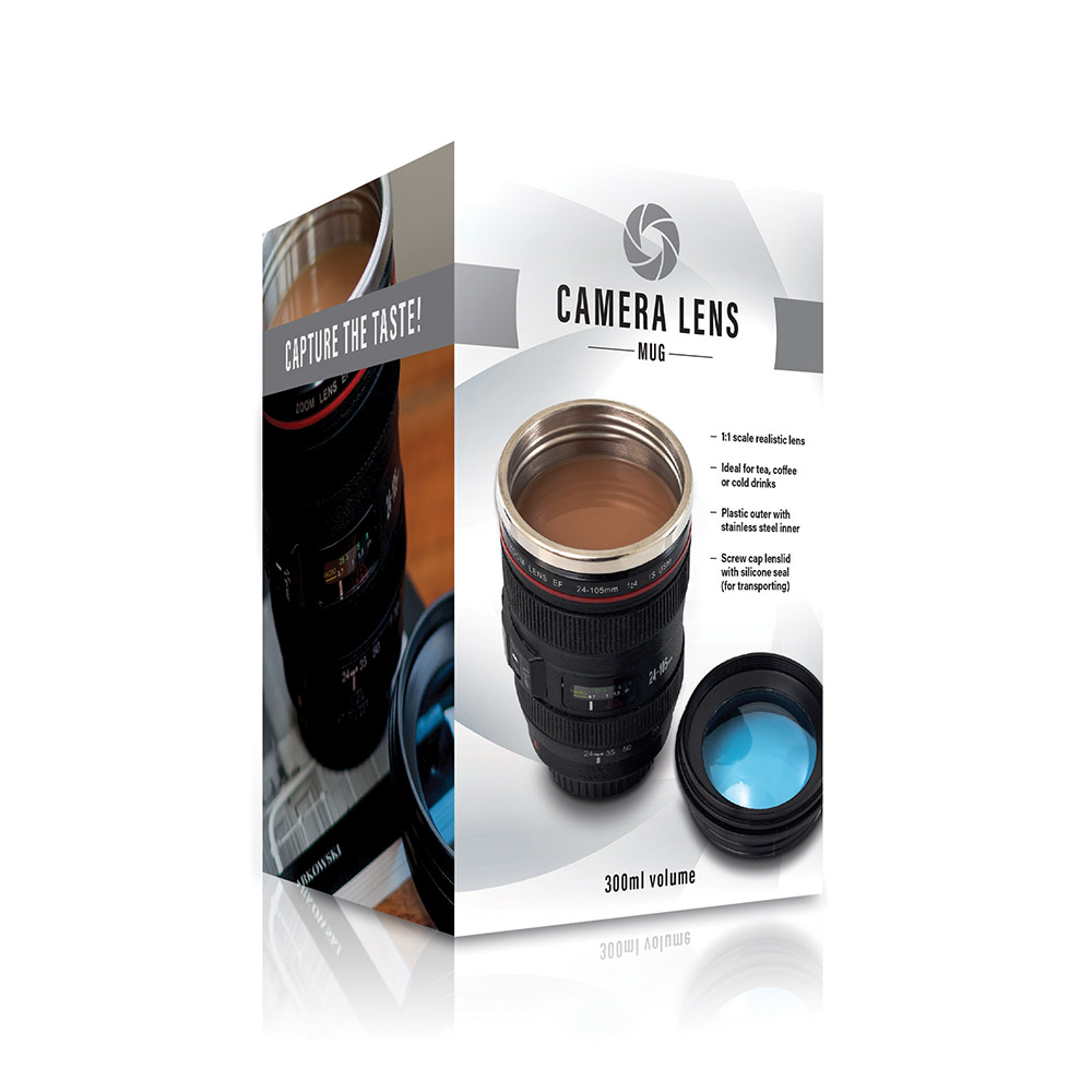 The Source - Camera Lens Mug with Lid Φακός Φωτογραφικής Μηχανής Κούπα Μεταλλική με Καπάκι Μαύρη 300ml
