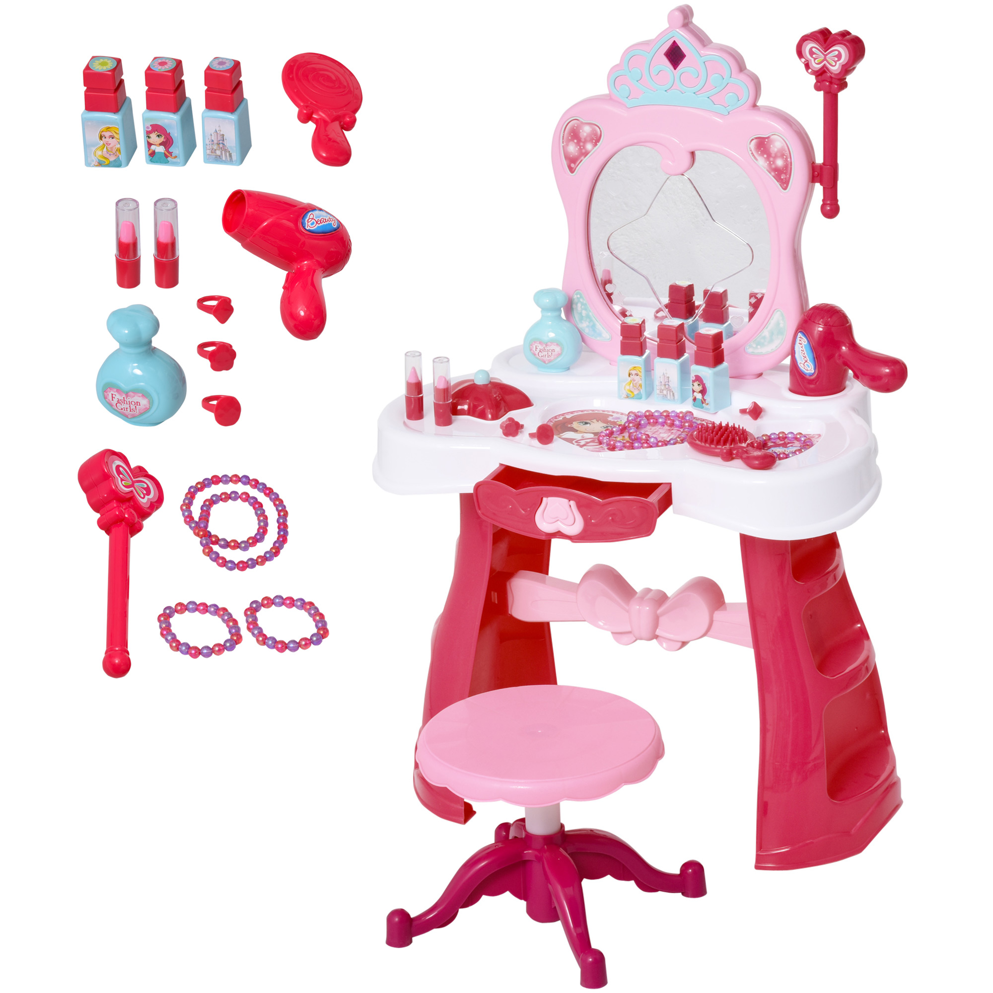 Homcom Makeup Station Παιχνίδι για κορίτσια με φώτα σκαμνιού ήχο και αξεσουάρ που περιλαμβάνονται λευκό και ροζ