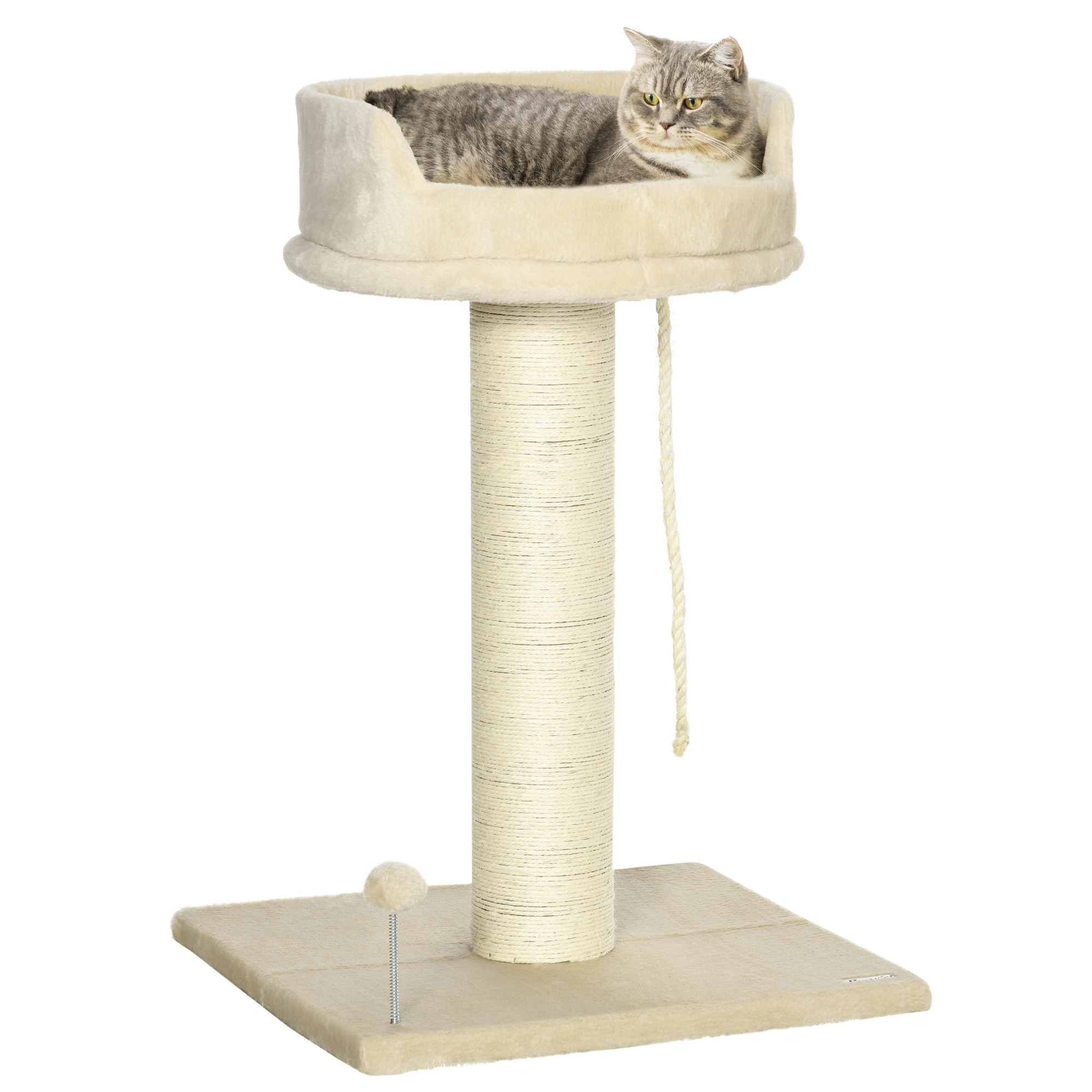 PawHut Scratching Tree for Cats με Κρεβάτι και βελούδινη μπάλα και κοντάρι σιζάλ 55x55x83cm Μπεζ