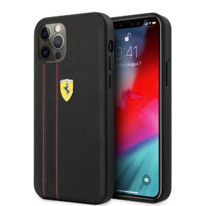 Ferrari "Debossed Stripes & Red Lines" Leather Case Θήκη προστασίας από γνήσιο καπιτονέ δέρμα – iPhone 12 Pro Max (Μαύρη/Quilted Leather)