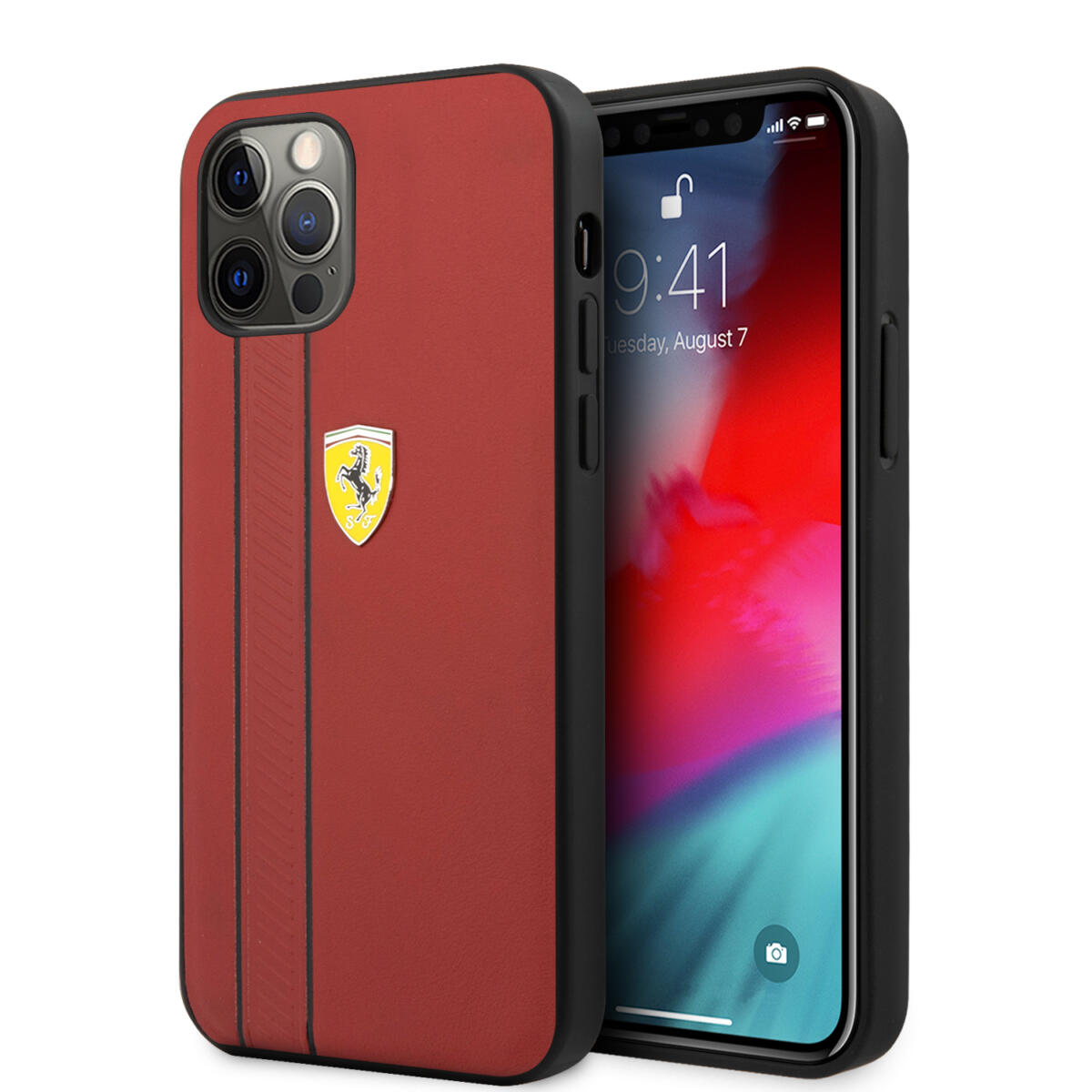 Ferrari "Debossed Stripes & Black Lines" Leather Case Θήκη προστασίας από γνήσιο καπιτονέ δέρμα – iPhone 12 Pro Max (Κόκκινη/Quilted Leather)