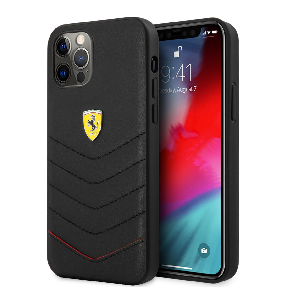 Ferrari "Off Track" Quilted Leather Case Θήκη προστασίας από γνήσιο καπιτονέ δέρμα – iPhone 12 Pro Max (Μαύρη/Κόκκινη/Quilted Leather/3D Logo)