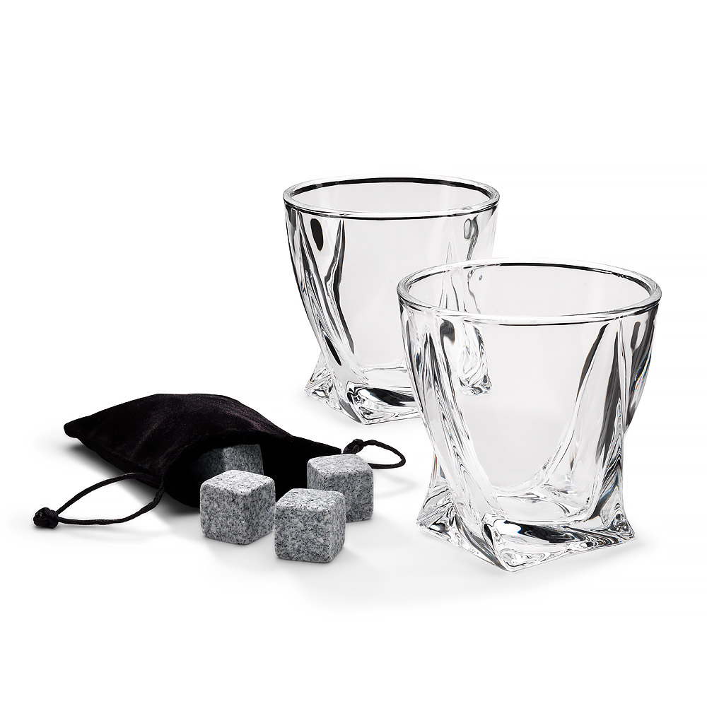 The Source Twisted Glasses With Stone - Σετ 2 ποτήρια και κομψή θήκη Με 4 κύβους πάγου από πέτρα