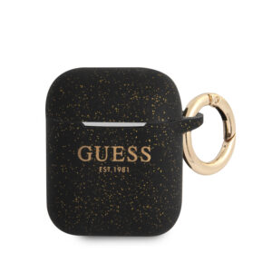 Guess Printed Logo Silicone Case Θήκη προστασίας από σιλικόνη για Apple Airpods 1/2 (Black/Glitter)