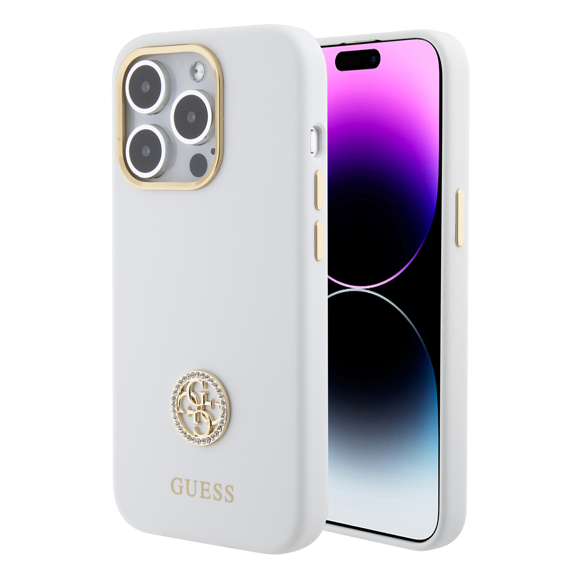 Guess "4G Strass Logo Collection" Case Θήκη προστασίας από σιλικόνη – iPhone 15 Pro (White – GUHCP15LM4DGPH)