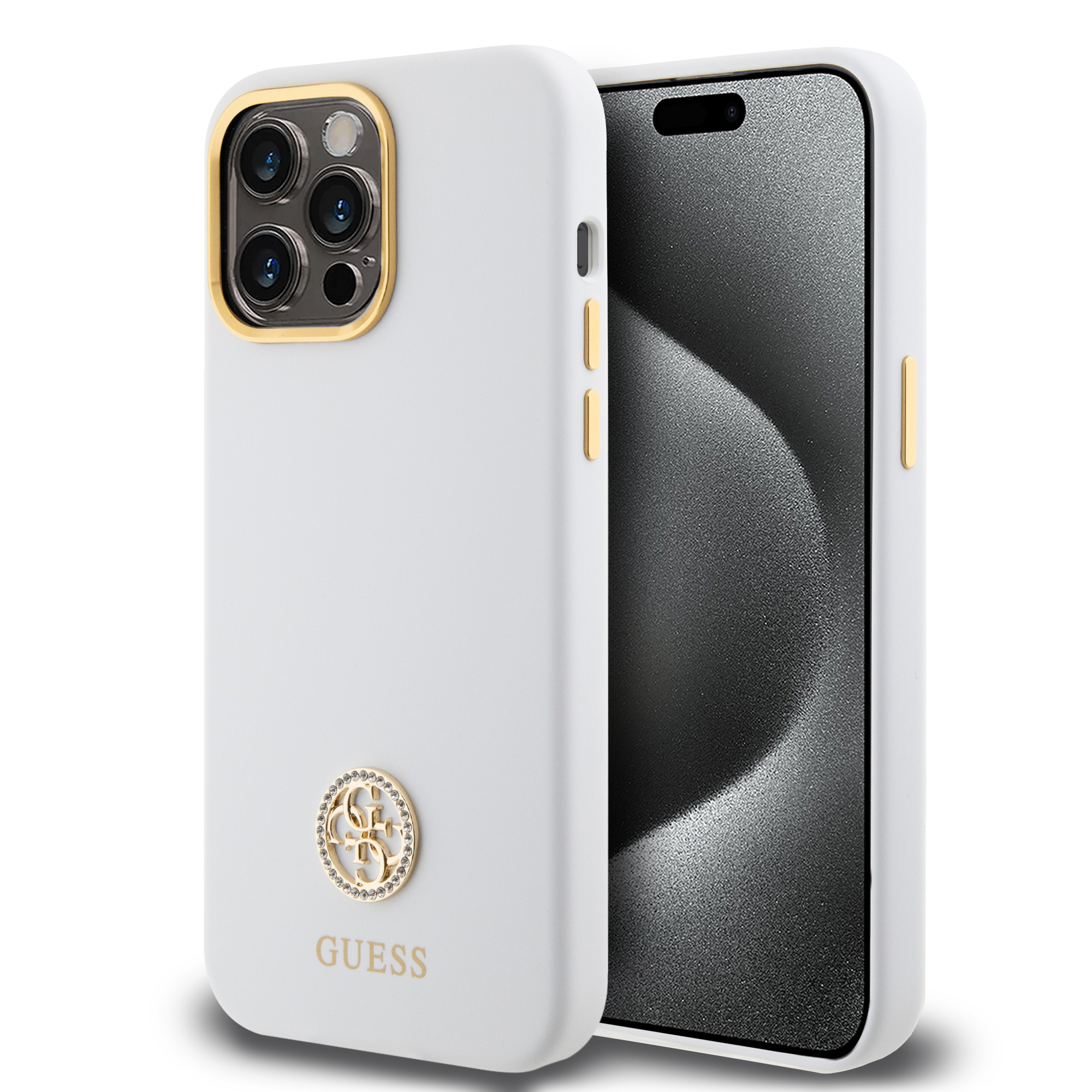 Guess "4G Strass Logo Collection" Case Θήκη προστασίας από σιλικόνη – iPhone 15 Pro Max (White – GUHCP15XM4DGPH)