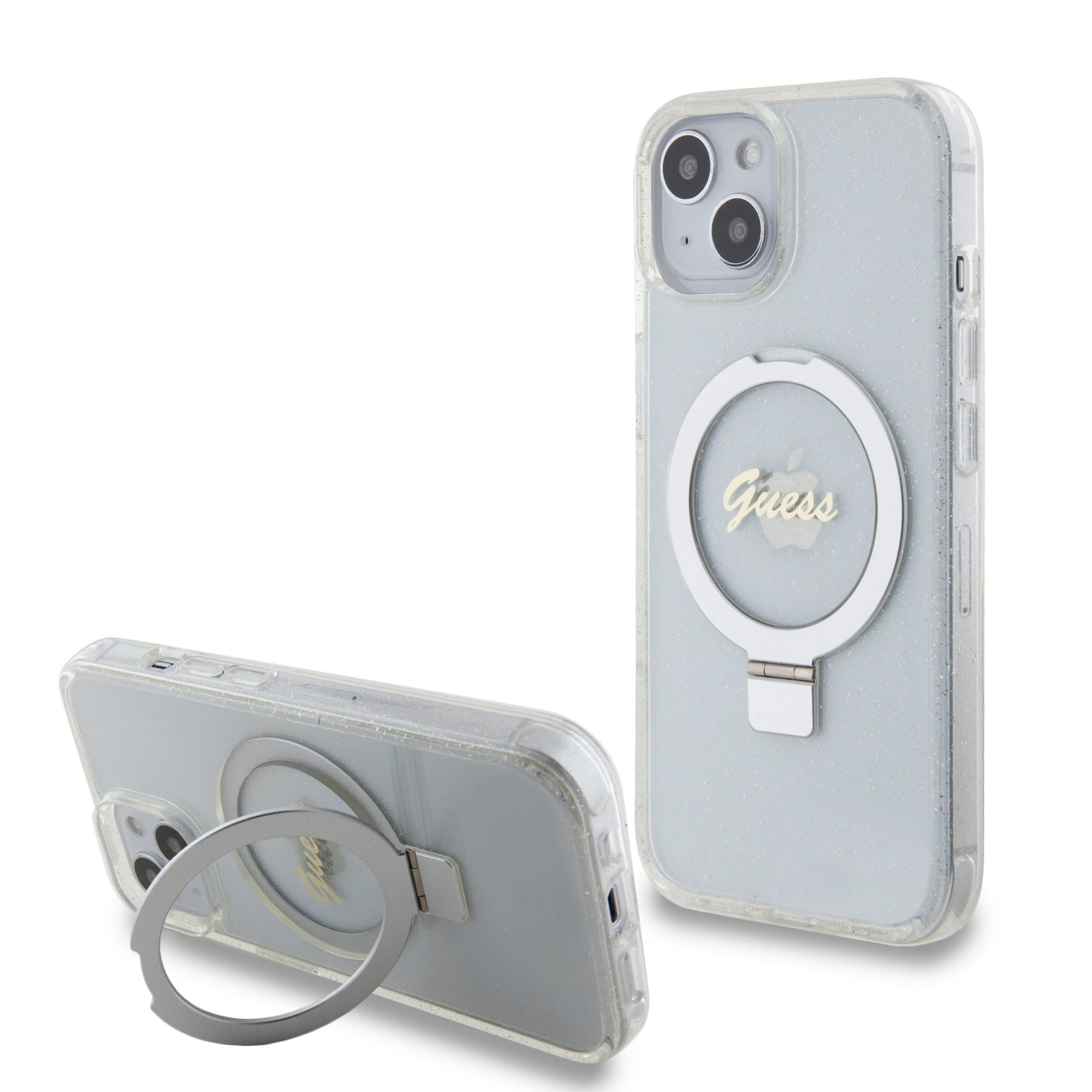 Guess MagSafe Ring Stand Glitter Hard Case Script Logo Θήκη προστασίας από σιλικόνη – iPhone 15 (Διάφανη – GUHMP15SHRSGSD)