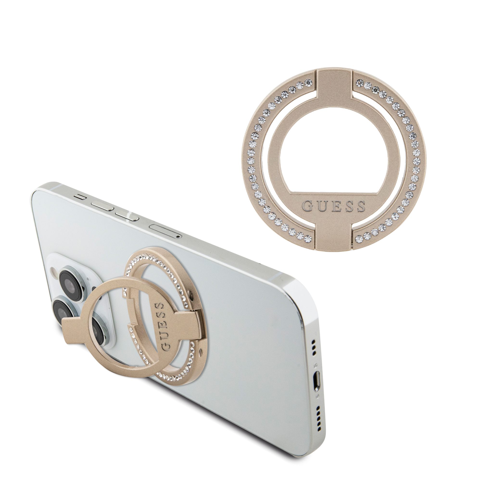 Guess Magsafe Ring Stand with Rhinestones Μοντέρνο Pop Holder για smartphone σε χρυσό χρώμα με στρας