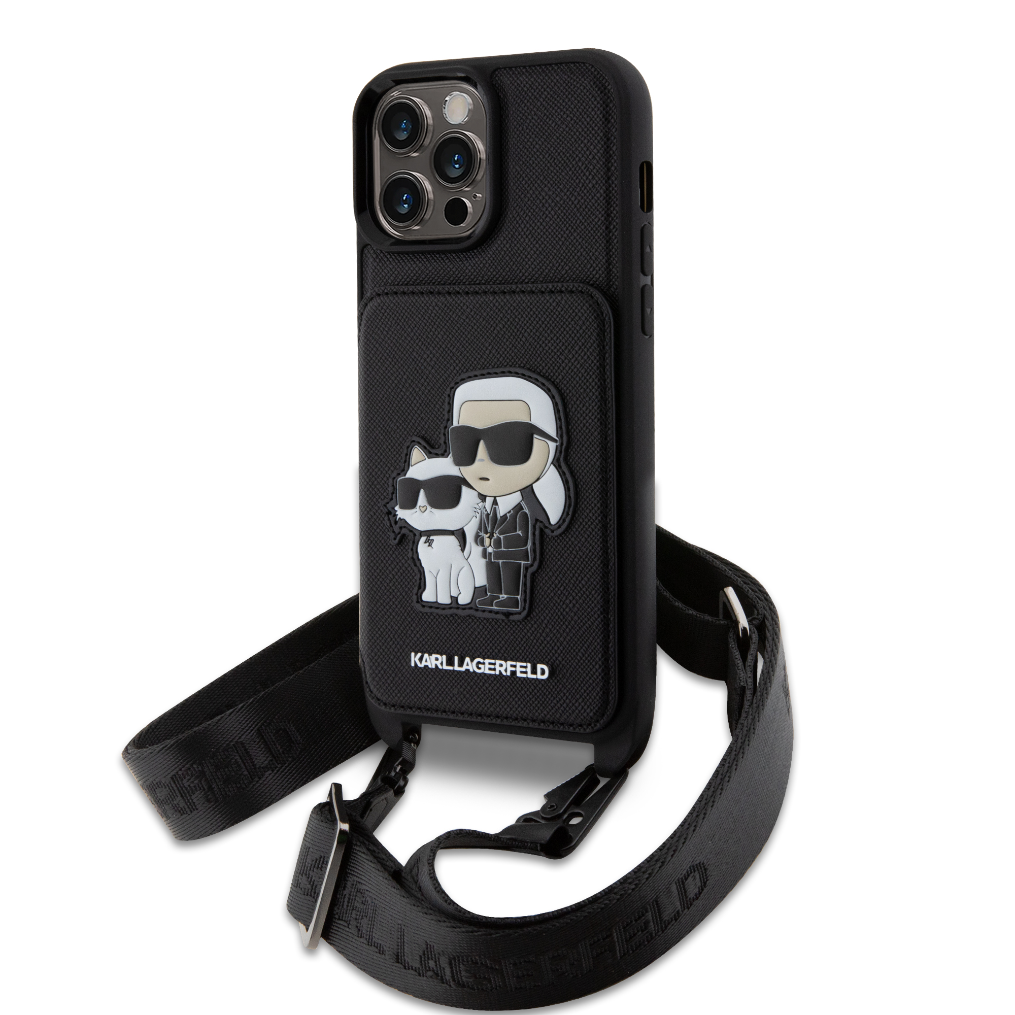 Karl Lagerfeld Crossbody NFT Cardslot Ikonik Saffiano Hard Case Karl and Choupette Θήκη προστασίας από δερματίνη με λουράκι – iPhone 13 Pro Max (Μαύρο - KLHCP13XCSAKCPMK)