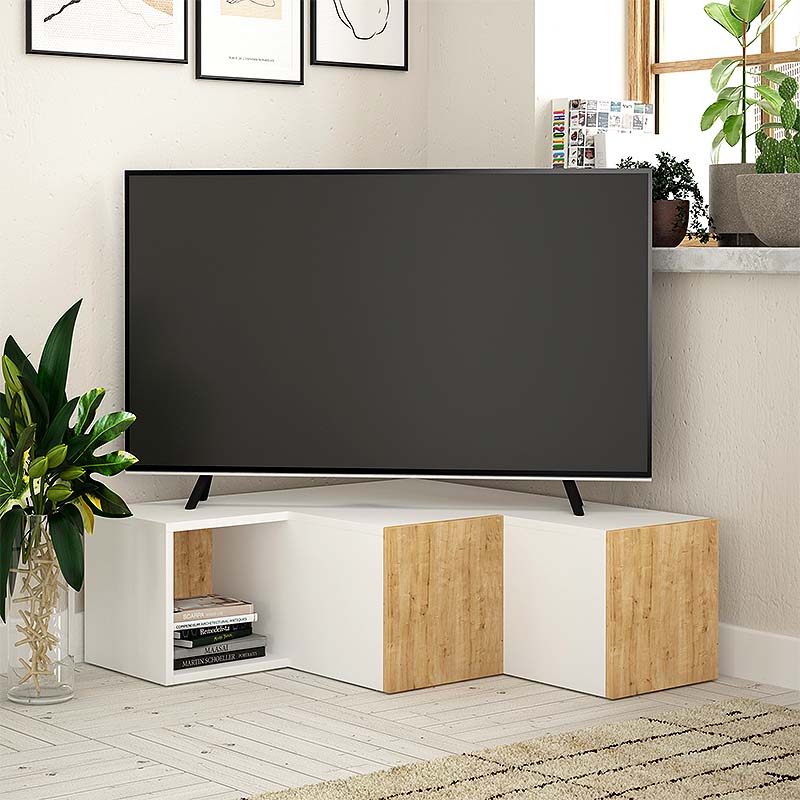 Έπιπλο τηλεόρασης γωνιακό Compact Megapap μελαμίνης χρώμα λευκό - φυσικό οξιάς 94