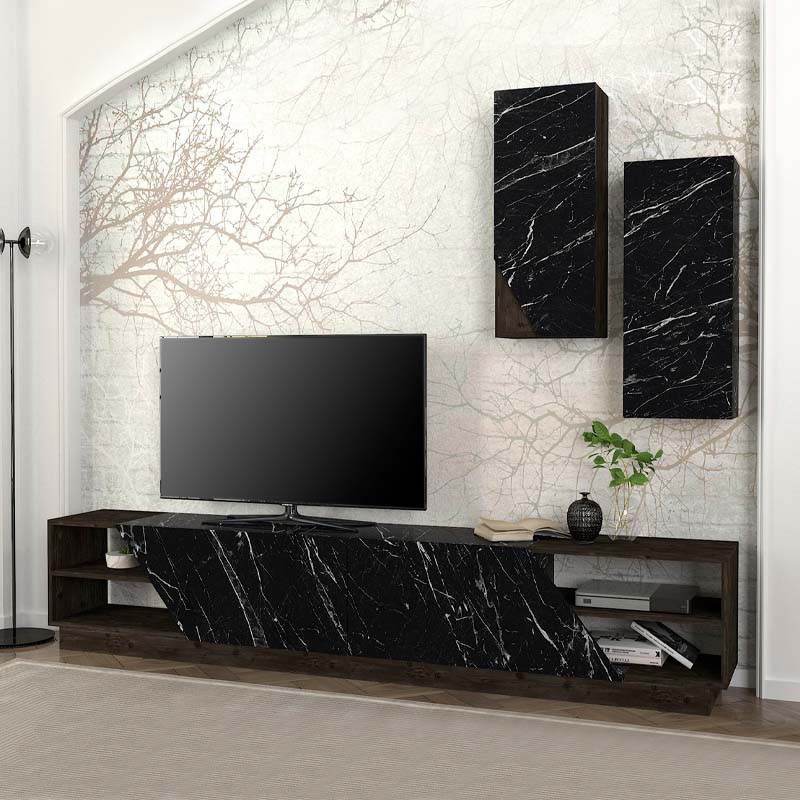 Σύνθεση τηλεόρασης River Megapap από μελαμίνη χρώμα μαύρο rebab - μαύρο εφέ μαρμάρου 240x36