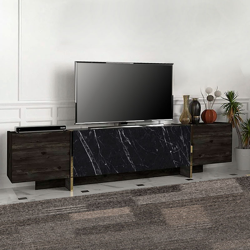 Έπιπλο τηλεόρασης Veyron Megapap από μελαμίνη χρώμα μαύρο rebab - μαύρο εφέ μαρμάρου 180x32