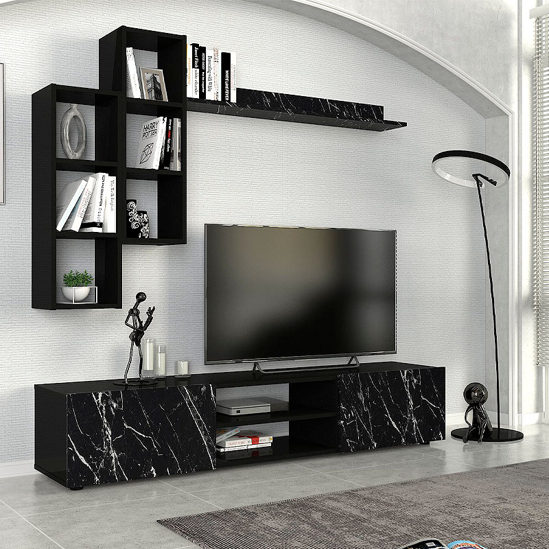 Σύνθεση τηλεόρασης Duana Megapap χρώμα μαύρο εφέ μαρμάρου - μαύρο 180x38x35