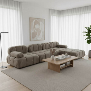 Kαναπές τριθέσιος με σκαμπό Hypnotic I pakoworld ύφασμα με μαξιλάρια σε γκρι-μπεζ απόχρωση 294x196x76εκ-074-000055