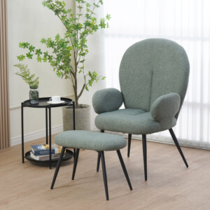 Πολυθρόνα με υποπόδιο Qarar pakoworld μπουκλέ ύφασμα σε μέντα απόχρωση με μαύρα μεταλλικά πόδια 67.5x67.5x106εκ-096-000045