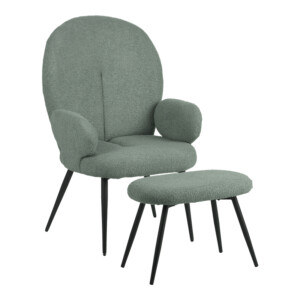 Πολυθρόνα με υποπόδιο Qarar pakoworld μπουκλέ ύφασμα σε μέντα απόχρωση με μαύρα μεταλλικά πόδια 67.5x67.5x106εκ-096-000045