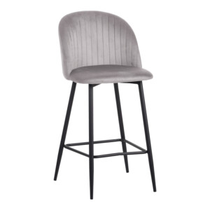 Σκαμπό μπαρ Barow pakoworld βελούδο σε ανοιχτό γκρι απόχρωση με μαύρα μεταλλικά πόδια 53x46.5x96.5-096-000049