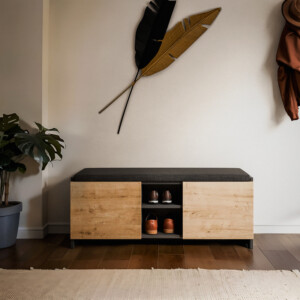 Έπιπλο εισόδου σκαμπό-παπουτσοθήκη Zulla pakoworld μελαμίνη σε ανθρακί-oak απόχρωση 110x37x43εκ-119-001224