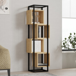 Βιβλιοθήκη Gridur pakoworld σε oak απόχρωση με μαύρο μεταλλικό σκελετό 44x29x140εκ-120-000524