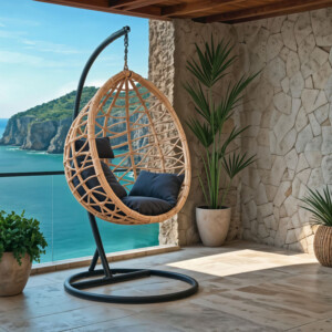 Κούνια Hudson pakoworld κρεμαστή μέταλλο μαύρο-pp φυσικό-μαξιλάρι μαύρο 109x119x195εκ-135-000021