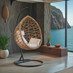 Κούνια Hudson pakoworld κρεμαστή μέταλλο μαύρο-pp φυσικό-μαξιλάρι μπεζ 109x119x195εκ-135-000022