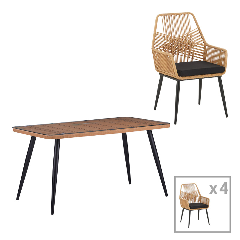 Τραπεζαρία Naoki-Tanish σετ 5 τεμ pakoworld γυάλινο- pe rattan σε φυσική απόχρωση με μαυρα πόδια 140x80x78εκ-140-000067 Τραπεζαρία Naoki-Tanish σετ 5 τεμ pakoworld γυάλινο- pe rattan σε φυσική απόχρωση με μαυρα πόδια 140x80x78εκ-140-000067