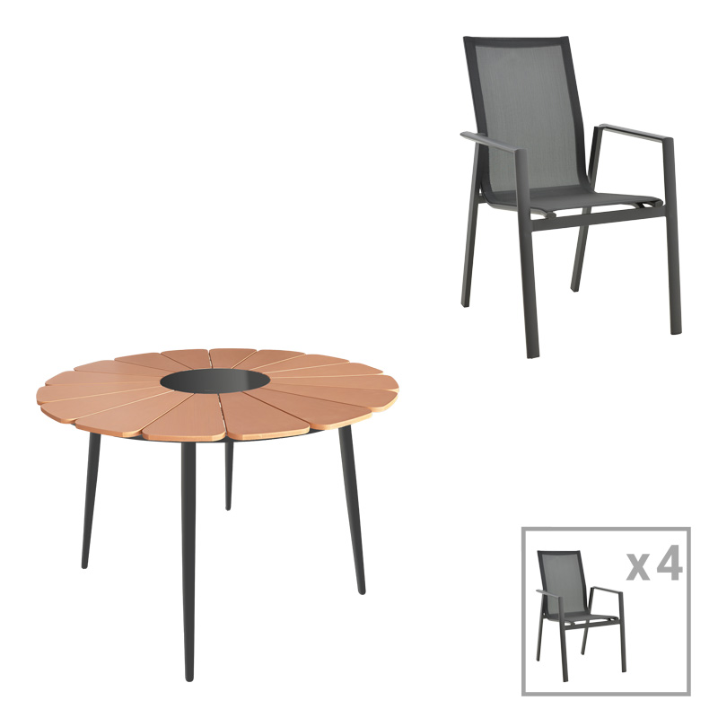 Τραπεζαρία Pinap-Dashiell σετ 5τεμ pakoworld μαύρο αλουμίνιο και plywood σε φυσική απόχρωση Φ110x74εκ-152-000100