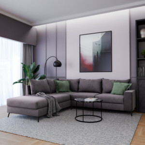 Γωνιακός καναπές δεξιά γωνία Romantic pakoworld ύφασμα ανθρακί-κυπαρισσί 290x235x95εκ-168-000036