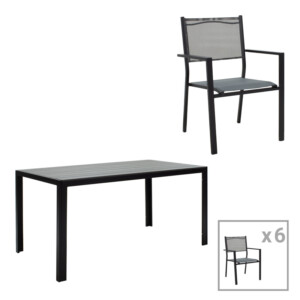 Τραπεζαρία κήπου Nares-Moly σετ 7τεμ pakoworld αλουμίνιο μαύρο-textilene γκρι-200-000379