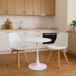 Τραπεζαρία Elijah-Gaston pakoworld σετ 3τεμ pp-pu σε λευκή απόχρωση με φυσικό πόδι Φ60x74εκ-200-001141