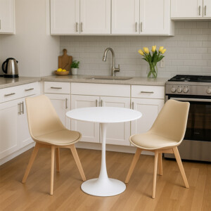 Τραπεζαρία Elijah-Gaston pakoworld σετ 3τεμ pp-pu σε taupe-λευκή απόχρωση με φυσικό πόδι Φ60x74εκ-200-001144