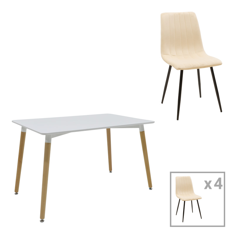 Τραπεζαρία Natali-Noor pakoworld σετ 5τεμ  MDF λευκό-μπεζ-πόδια φυσικό 120x80x76εκ-200-001269