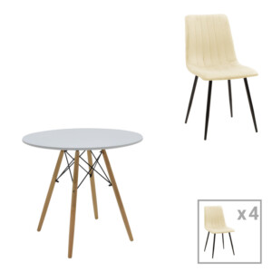 Τραπεζαρία Julita-Noor pakoworld σετ 5τεμ MDF λευκό-μπεζ ύφασμα Φ80x73εκ-200-001299