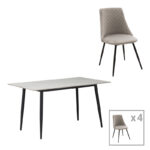 Τραπεζαρία Gustas-Giselle pakoworld σετ 5τεμ λευκό μαρμάρου-γκρι βελουδο 120x80x76εκ-200-001303