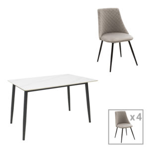 Τραπεζαρία Gustas-Giselle pakoworld σετ 5τεμ λευκό μαρμάρου-γκρι βελούδο 120x80x76εκ-200-001304