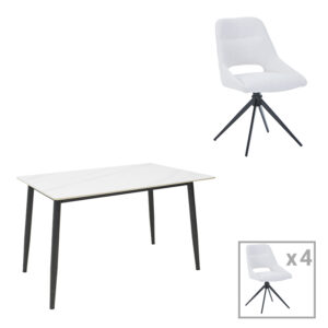 Τραπεζαρία Gustas-Luciano I pakoworld σετ 5τεμ λευκό μαρμάρου-κρεμ υφασμα 120x80x76εκ-200-001305