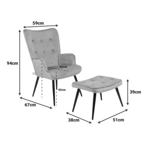 Πολυθρόνα με υποπόδιο Siella pakoworld μαύρο βελούδο και μαύρο μέταλλο πόδι 59x67x94εκ-255-000079