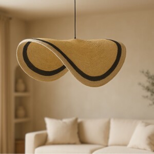 Φωτιστικό οροφής Hatchie Inart φυσικό-μαύρο-λευκό ψάθα-μέταλλο Φ70x123εκ-317-000001