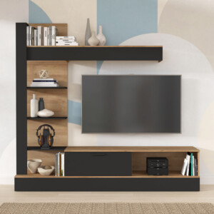 Σύνθετο σαλονιού Dranko pakoworld μαύρο-oak μελαμίνης 205x41.5x192εκ-318-000010