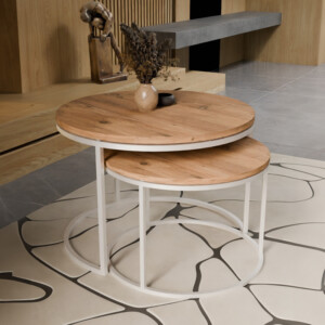 Τραπέζια σαλονιού Solme pakoworld σετ 2τεμ λευκό μέταλλο και μελαμίνη σε φυσική απόχρωση-321-000111