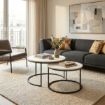 Τραπέζι σαλονιού Solme pakoworld σετ 2τεμ κρεμ-πόδι μαύρο μέταλλο-321-000130