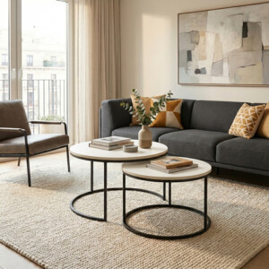 Τραπέζι σαλονιού Solme pakoworld σετ 2τεμ κρεμ-πόδι μαύρο μέταλλο-321-000130