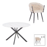 Τραπεζαρία Vivian-Stoyen pakoworld 5τεμ μπεζ βελούδο - λευκό μαρμάρου Φ120x75εκ-327-000053