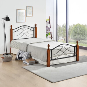 Κρεβάτι Polanian pakoworld ξύλο rubberwood σε καρυδί απόχρωση-μαύρο μέταλλο 150x200εκ-330-000024