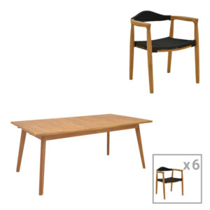 Τραπεζαρία 7 τεμ. Ganny-Pino pakoworld teak ξύλο σε φυσική - μαυρη απόχρωση 180/240x100x75εκ-340-000032