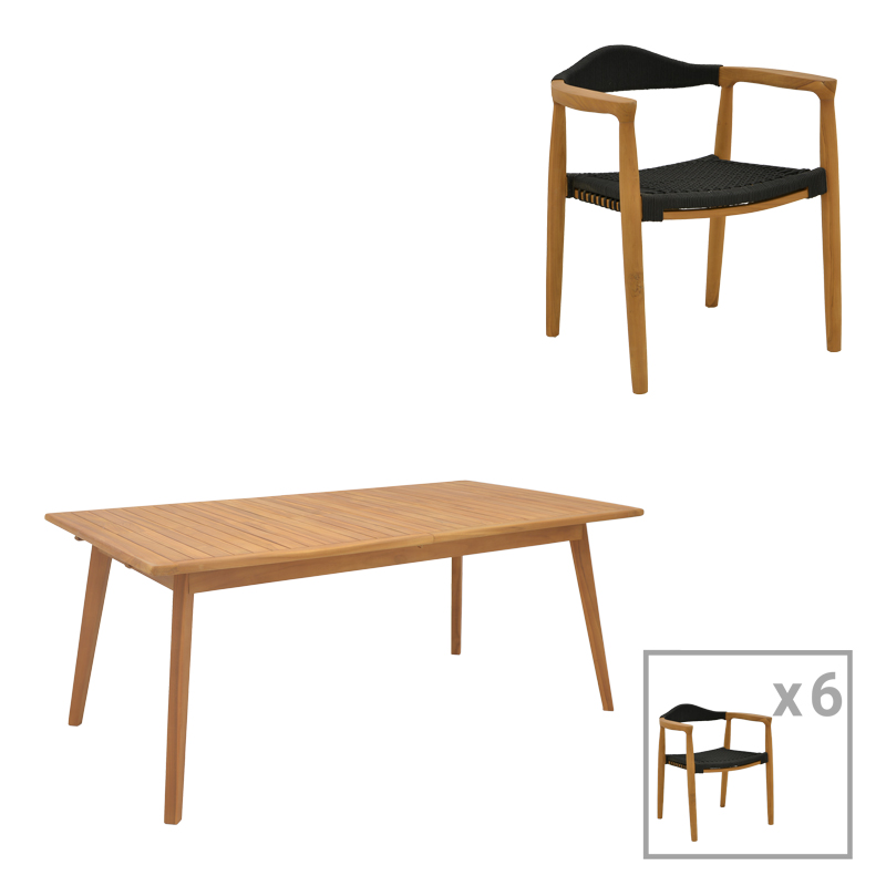 Τραπεζαρία 7 τεμ. Ganny-Pino pakoworld teak ξύλο σε φυσική - μαυρη απόχρωση 180/240x100x75εκ-340-000032