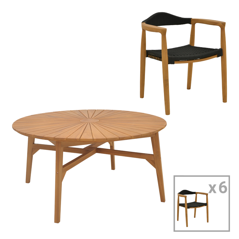 Τραπεζαρία 7τεμ. Ganny-Colen pakoworld teak ξύλο σε φυσική-μαυρη απόχρωση Φ150x75εκ-340-000039