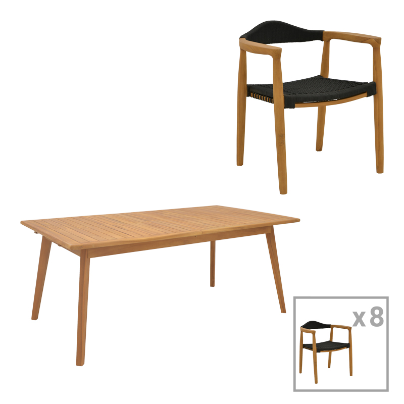 Τραπεζαρία 9 τεμ. Ganny-Pino pakoworld teak ξύλο σε φυσική - μαυρη απόχρωση 180/240x100x75εκ-340-000040